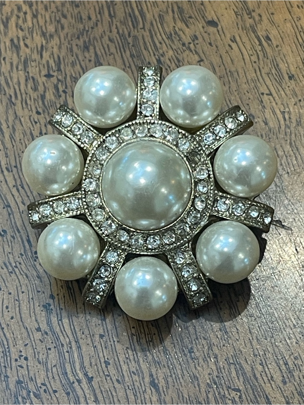 Vintage Monet Classic Crystal Flower Brooch - White Pearls & Rhinestones Pin